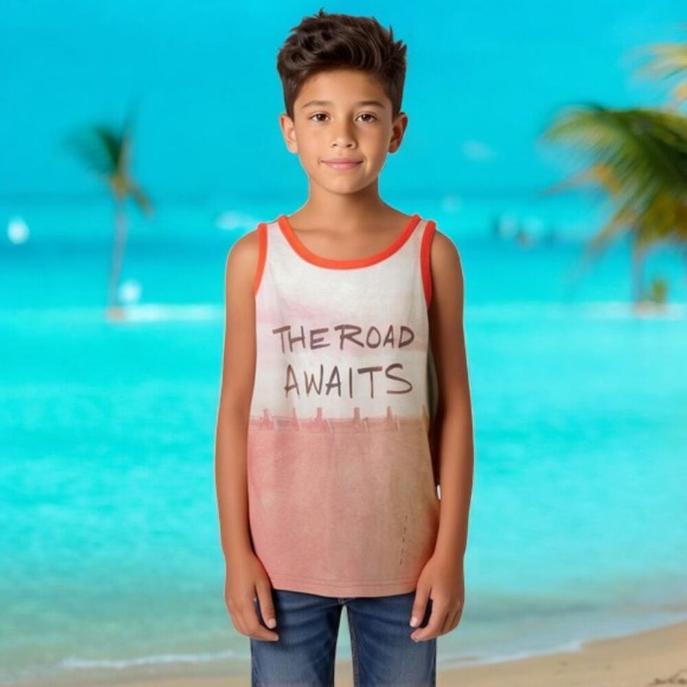 Arizona Jeans Boys Tank Top Size S 8‎ Orange The Road Awaits Cadillac Ranch NEW